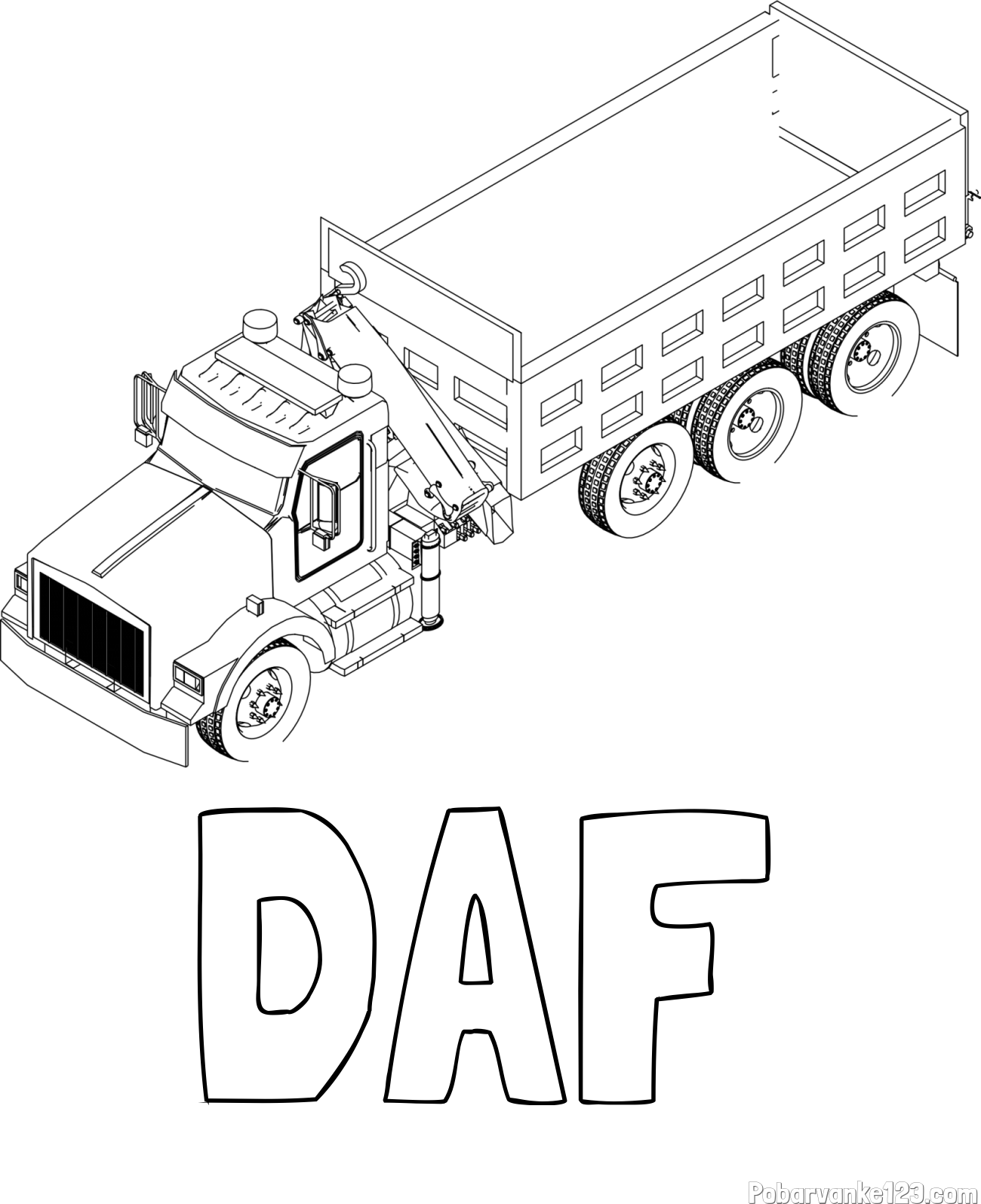 Pobarvanka imena DAF in pobarvanka velikega tovornjaka z dvigalko za nakladanje