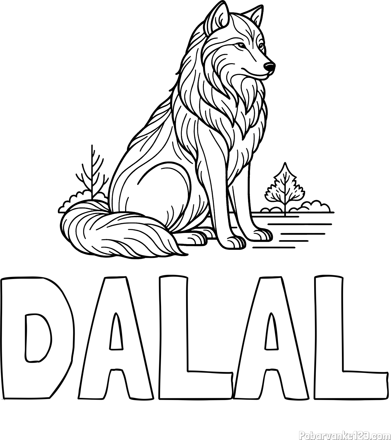 Pobarvanka imena DALAL in pobarvanka sedečega volka