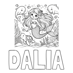 Online izdelana pobarvanka - Pobarvanka imena DALIA in pobarvana ljubke morske deklice s prijatelji