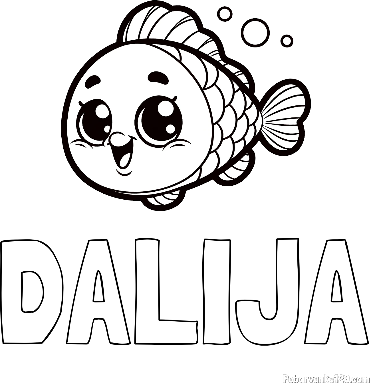 Pobarvanka imena DALIJA in otroška pobarvanka nasmejane ribe