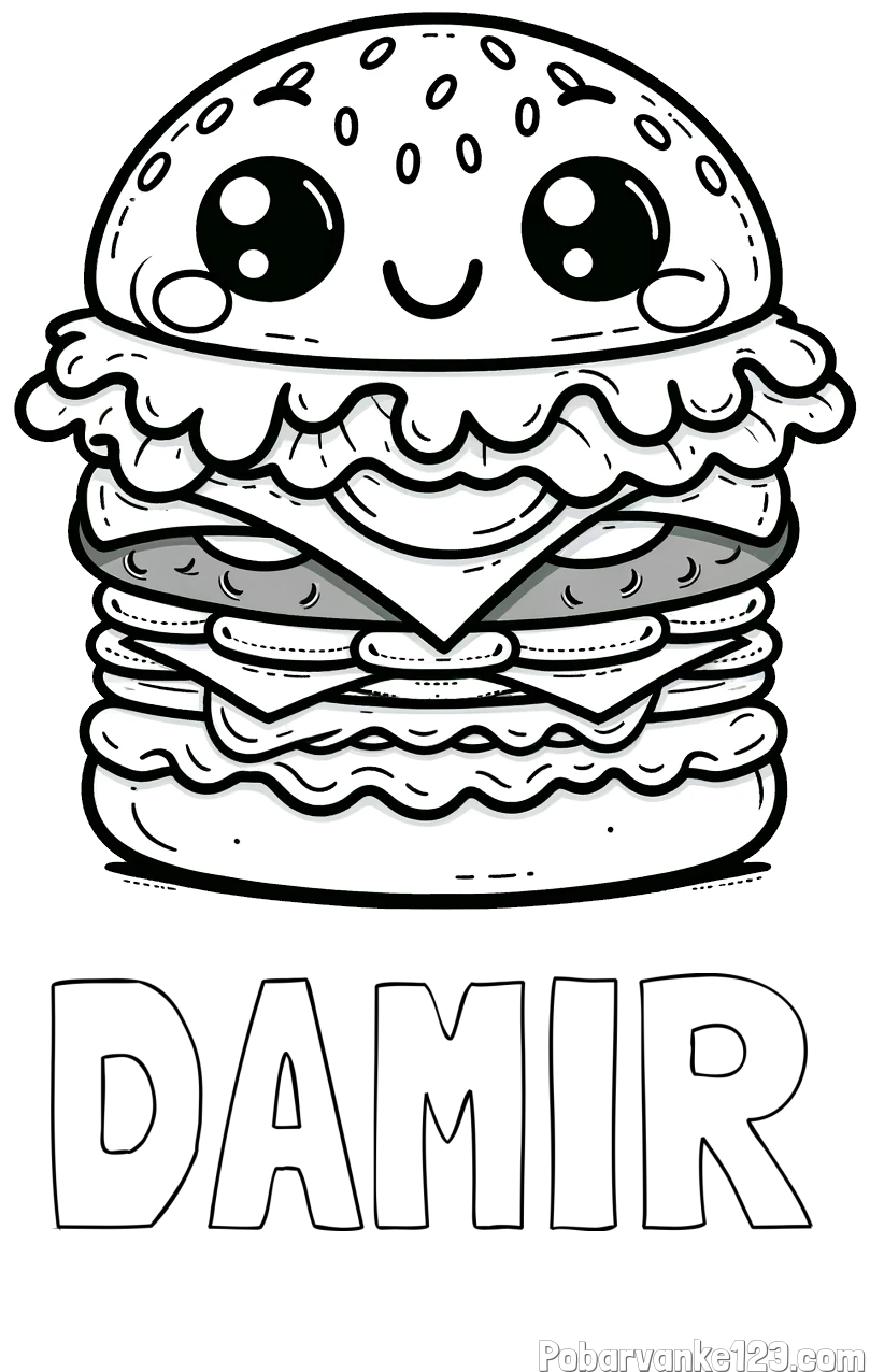 Pobarvanka imena DAMIR in otroška pobarvanka nasmejanega hamburgerja