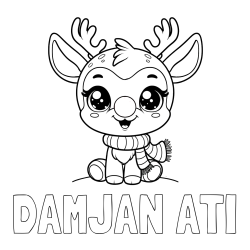 Online izdelana pobarvanka - Pobarvanka imena DAMJAN ATI in otroška pobarvanka jelenčka Rudolfa s šalom okoli vratu
