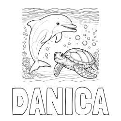 Online izdelana pobarvanka - Pobarvanka imena DANICA in pobarvanka ljubkega delfina in njegove prijateljice želve