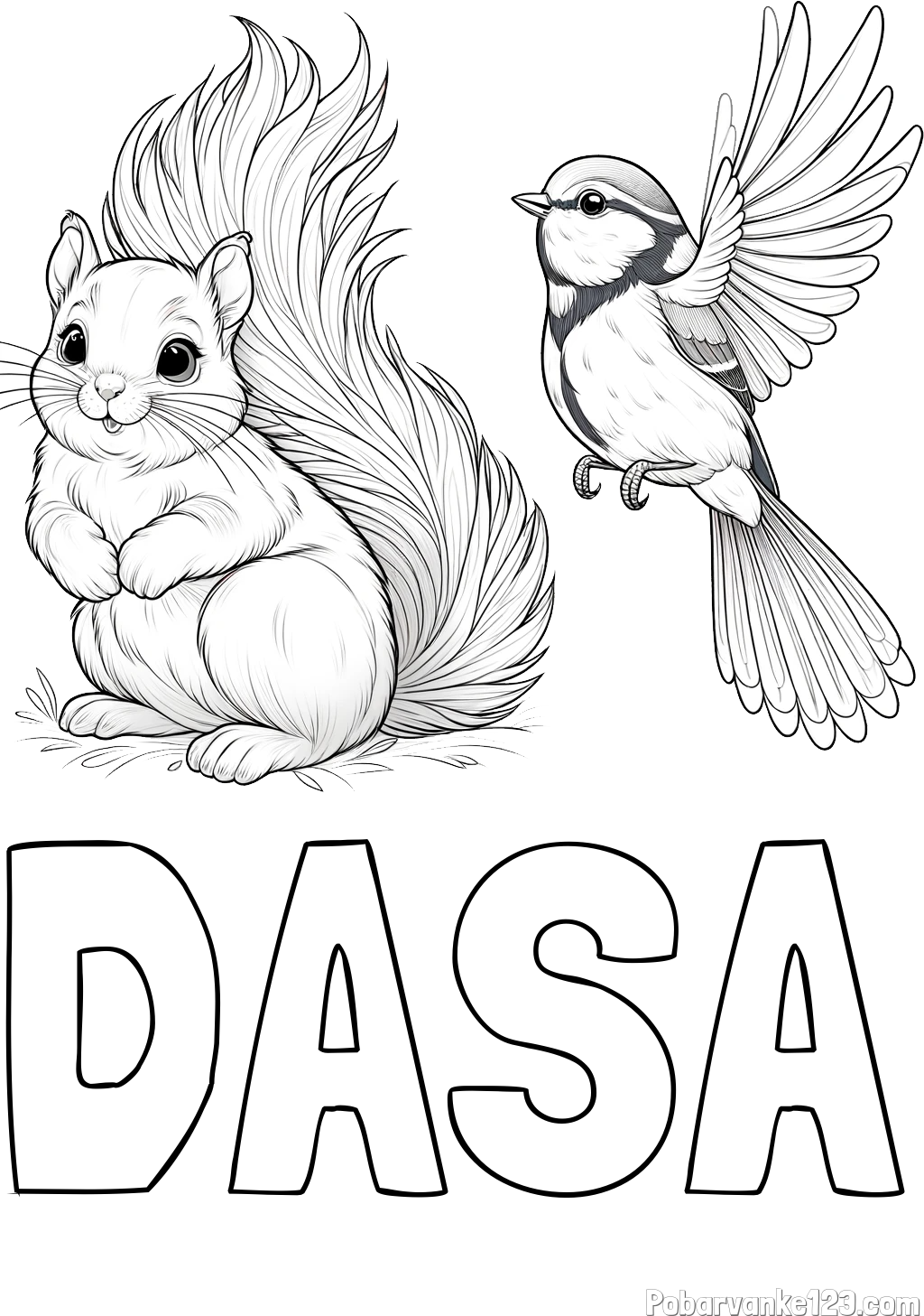 Pobarvanka imena DAŠA in pobarvanka veverice in ptičke