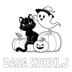 Online izdelana pobarvanka - Pobarvanka imena DAŠA KUHELJ in pobarvanka prijaznega duhca, črne mačke ter buč za noč čarovnic
