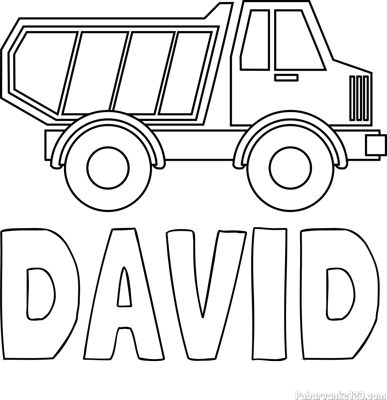 Pobarvanka imena DAVID in otroška pobarvanka tovornjaka za prevoz smeti in drugega tovora