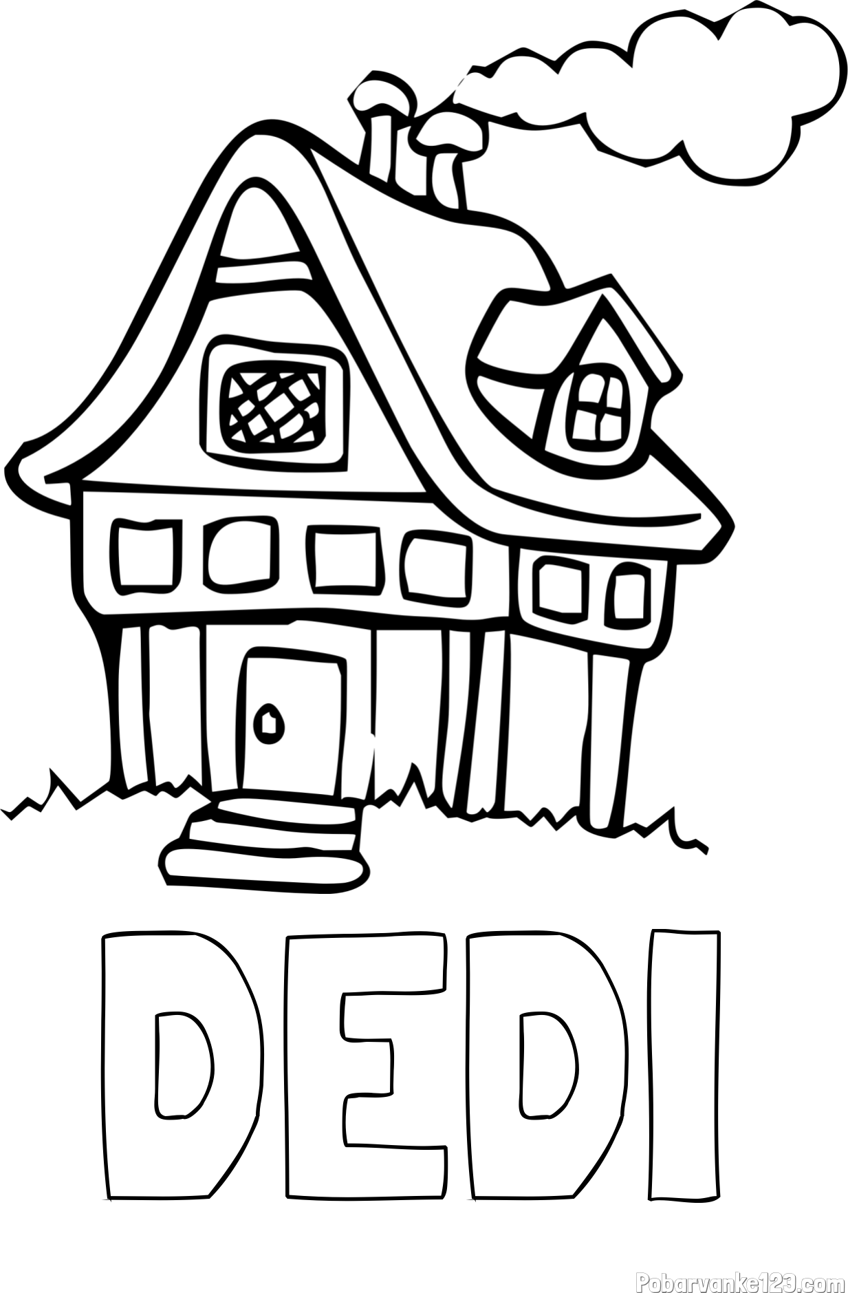 Pobarvanka imena DEDI in pobarvanka prikupne hiške