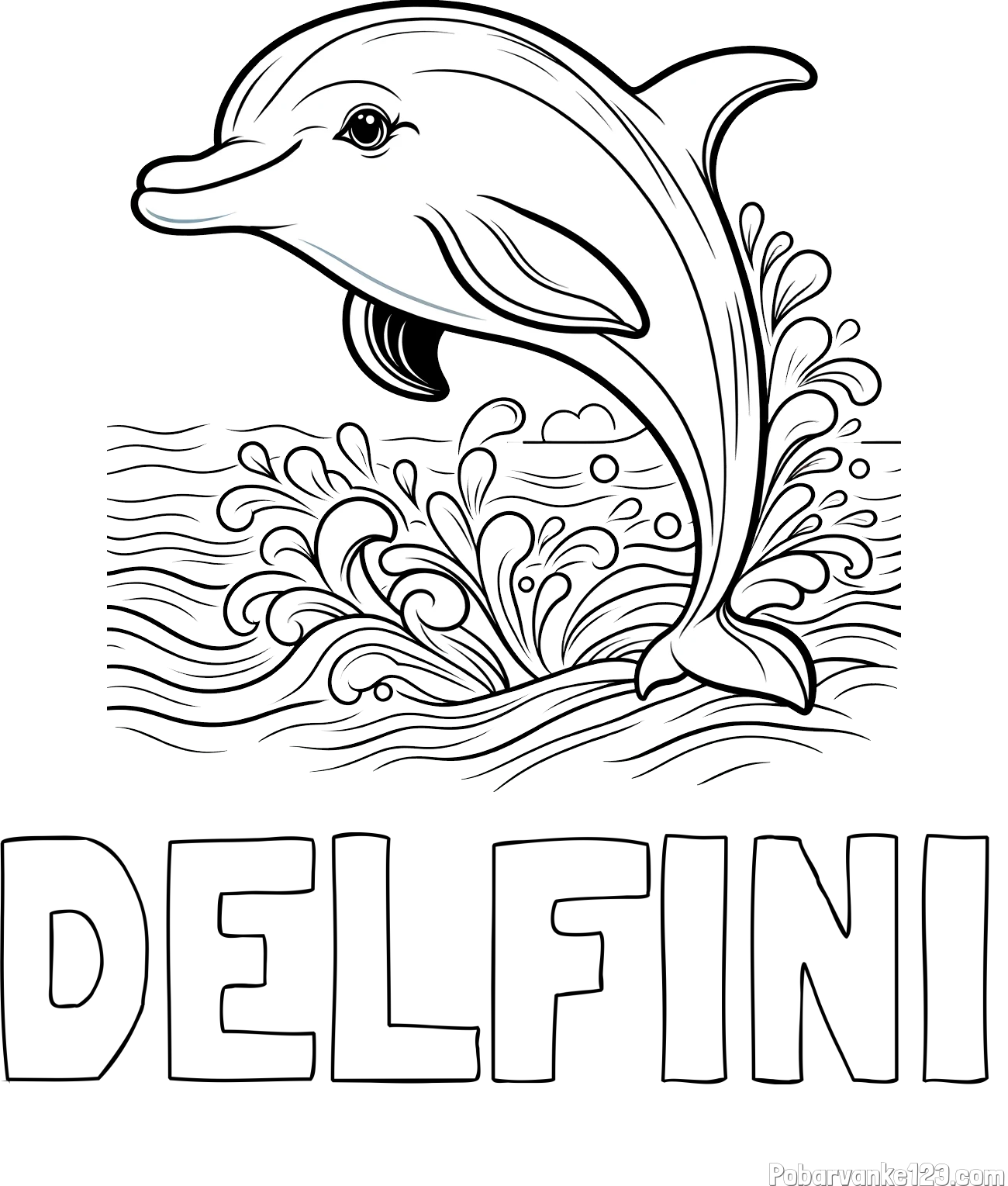 Pobarvanka imena DELFINI in pobarvanka ljubkega delfina