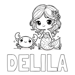 Online izdelana pobarvanka - Pobarvanka imena DELILA in pobarvanka ljubke morske deklice in veselega raka