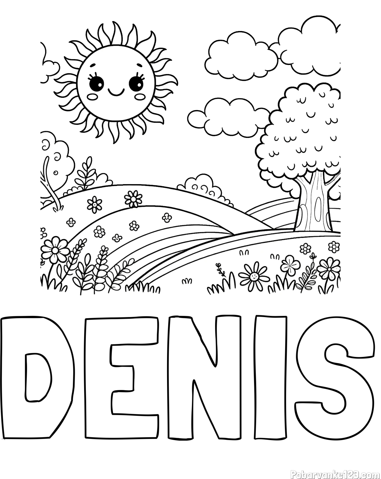 Pobarvanka imena DENIS in otroška pobarvanka narave