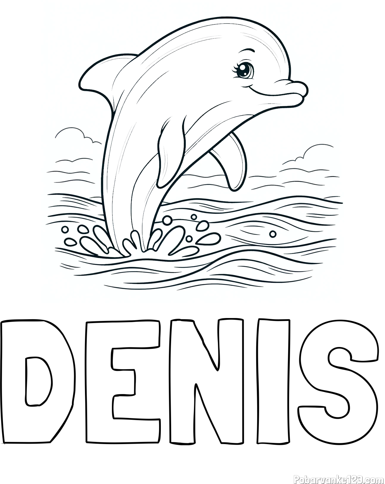Pobarvanka imena DENIS in pobarvanka nasmejanega delfina v  skoku