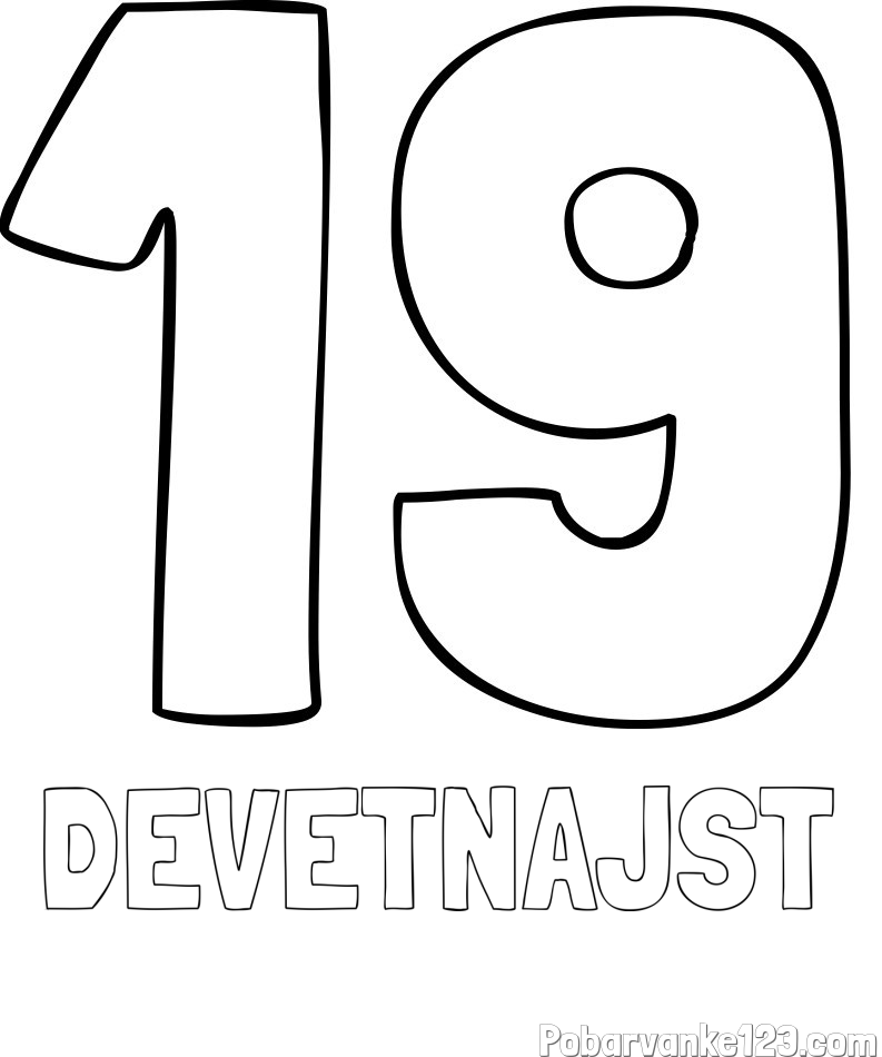 Pobarvanka imena DEVETNAJST in pobarvanka številke devetnajst (19)