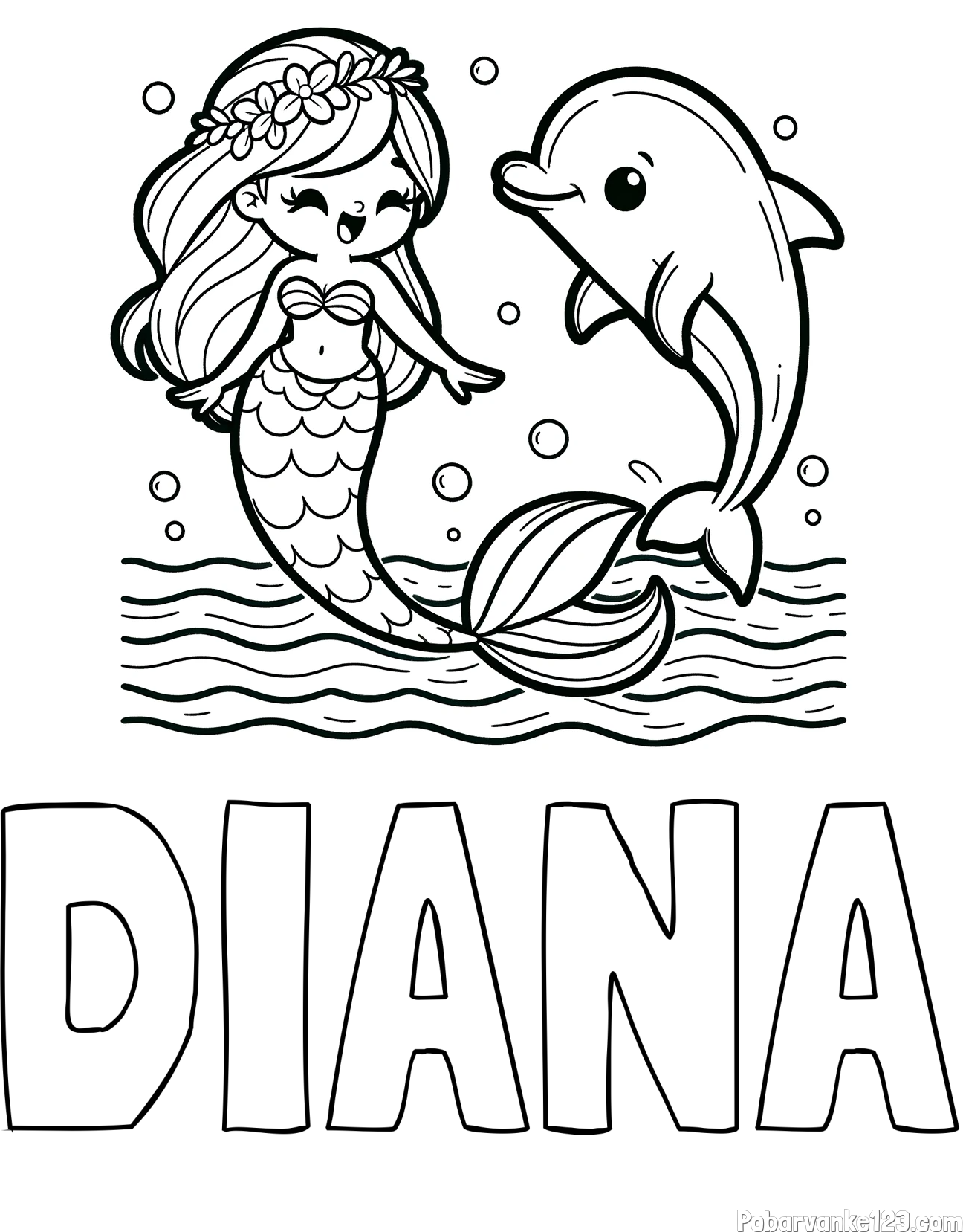 Pobarvanka imena DIANA in pobarvanka ljubke morske deklice, ki pleše z delfinom