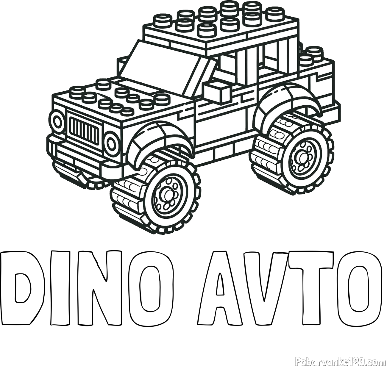 Pobarvanka imena DINO AVTO in pobarvanka džipa sestavljenega iz LEGO kock
