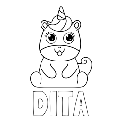 Online izdelana pobarvanka - Pobarvanka imena DITA in pobarvanka čudovitega samoroga Unicorn