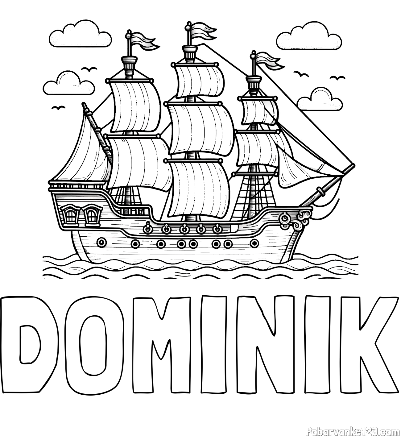 Pobarvanka imena DOMINIK in pobarvanka stare gusarske ladje