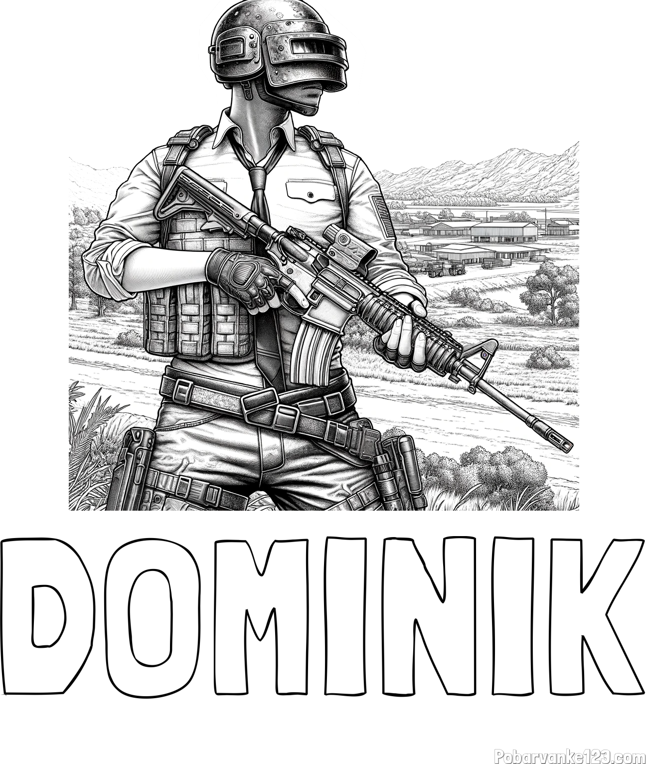 Pobarvanka imena DOMINIK in PUBG pobarvanka za starejše