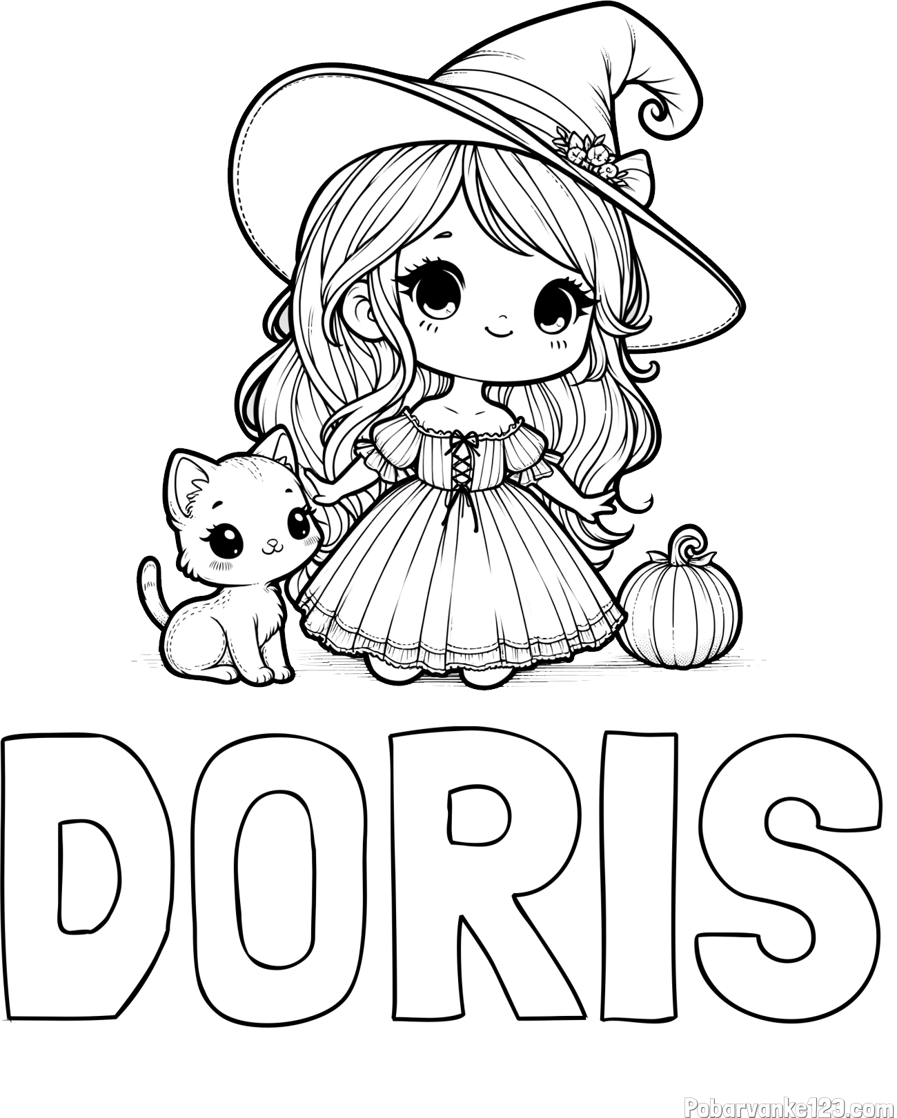 Pobarvanka imena DORIS in pobarvanka ljubke čarovnice, muce in buče