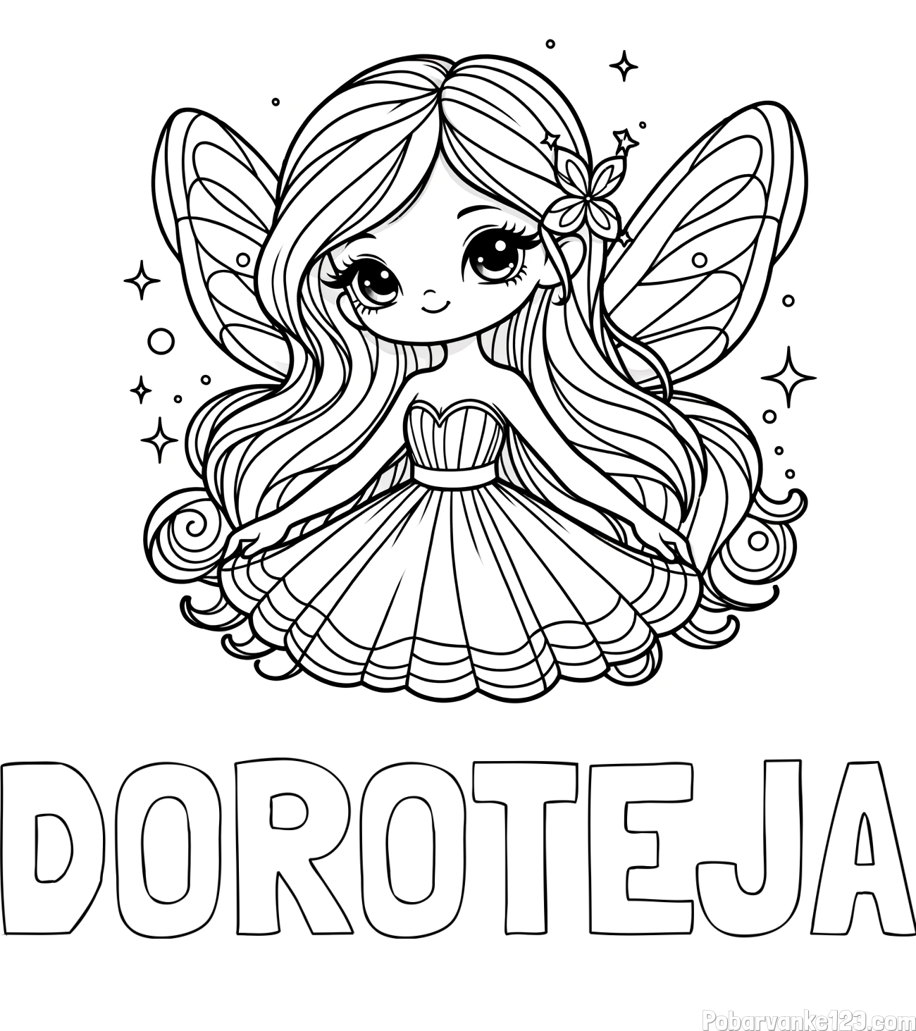 Pobarvanka imena DOROTEJA in pobarvanka ljubke in nasmejane čarobne vile