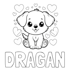 Online izdelana pobarvanka - Pobarvanka imena DRAGAN in pobarvanka ljubkega kužka obdanega s srčki