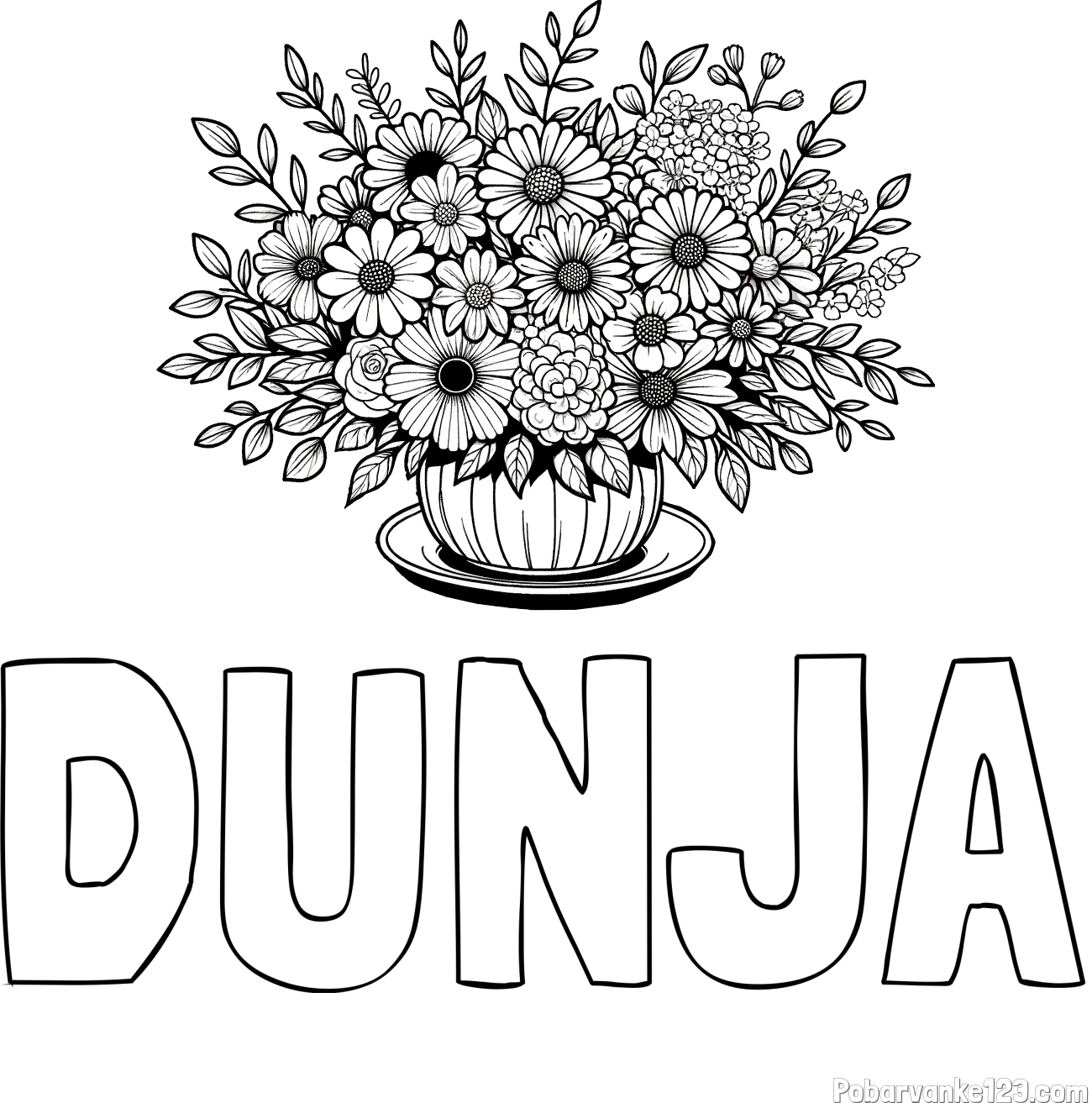 Pobarvanka imena DUNJA in pobarvanka velikega šopka rož