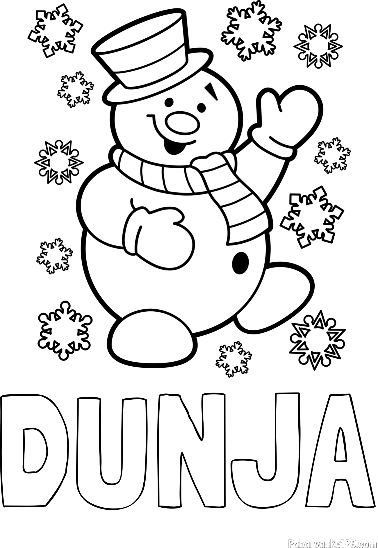 Pobarvanka imena DUNJA in pobarvanka veselega snežaka