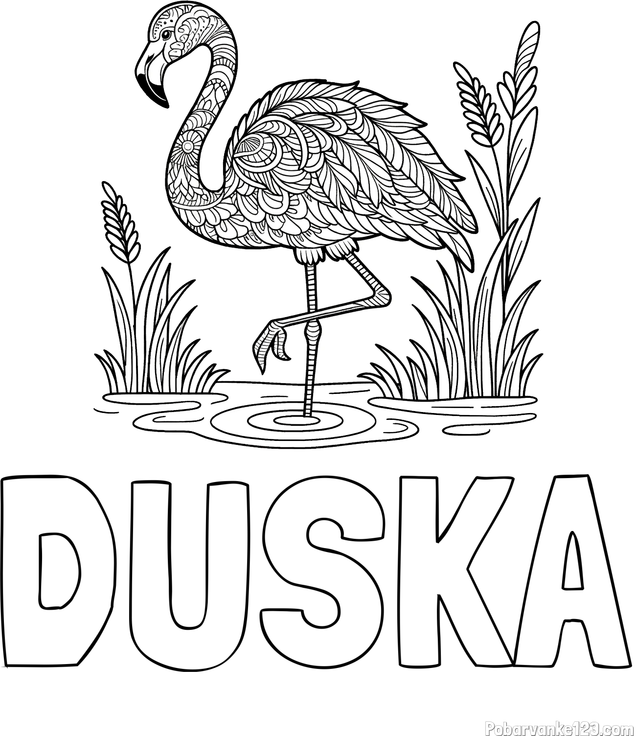 Pobarvanka imena DUŠKA in pobarvanka flaminga z abstraktnimi vzorci