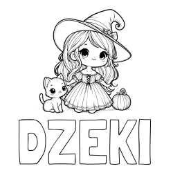 Online izdelana pobarvanka - Pobarvanka imena DŽEKI in pobarvanka ljubke čarovnice, muce in buče