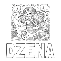 Online izdelana pobarvanka - Pobarvanka imena DŽENA in pobarvana ljubke morske deklice s prijatelji