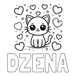 Online izdelana pobarvanka - Pobarvanka imena DŽENA in pobarvanka ljubke mucke obdane z veliko srčki