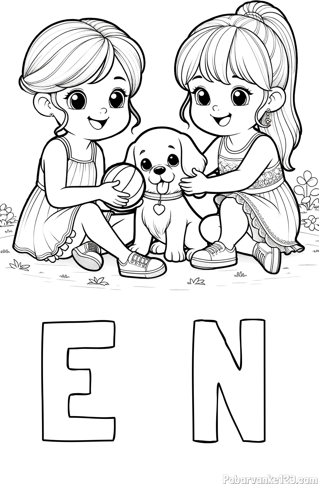 Pobarvanka imena E  N in pobarvanka prijateljic s kužkom