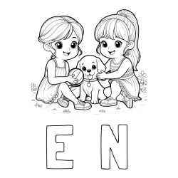 Online izdelana pobarvanka - Pobarvanka imena E  N in pobarvanka prijateljic s kužkom