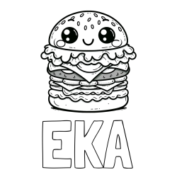 Online izdelana pobarvanka - Pobarvanka imena EKA in otroška pobarvanka nasmejanega hamburgerja