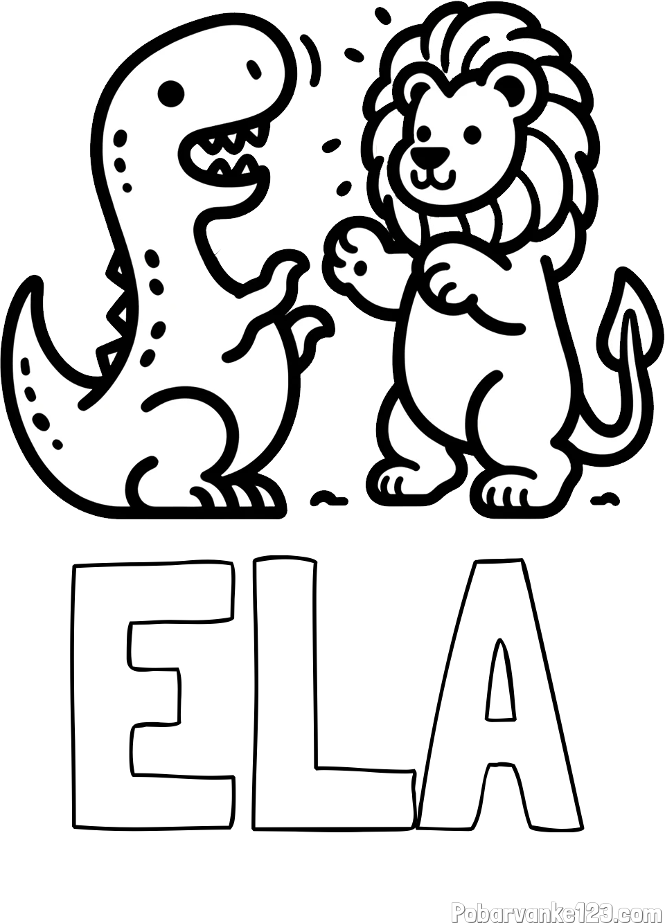 Pobarvanka imena ELA in pobarvanka dinozavra, ki napada leva