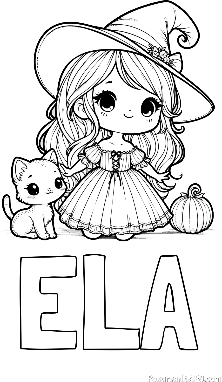 Pobarvanka imena ELA in pobarvanka ljubke čarovnice, muce in buče