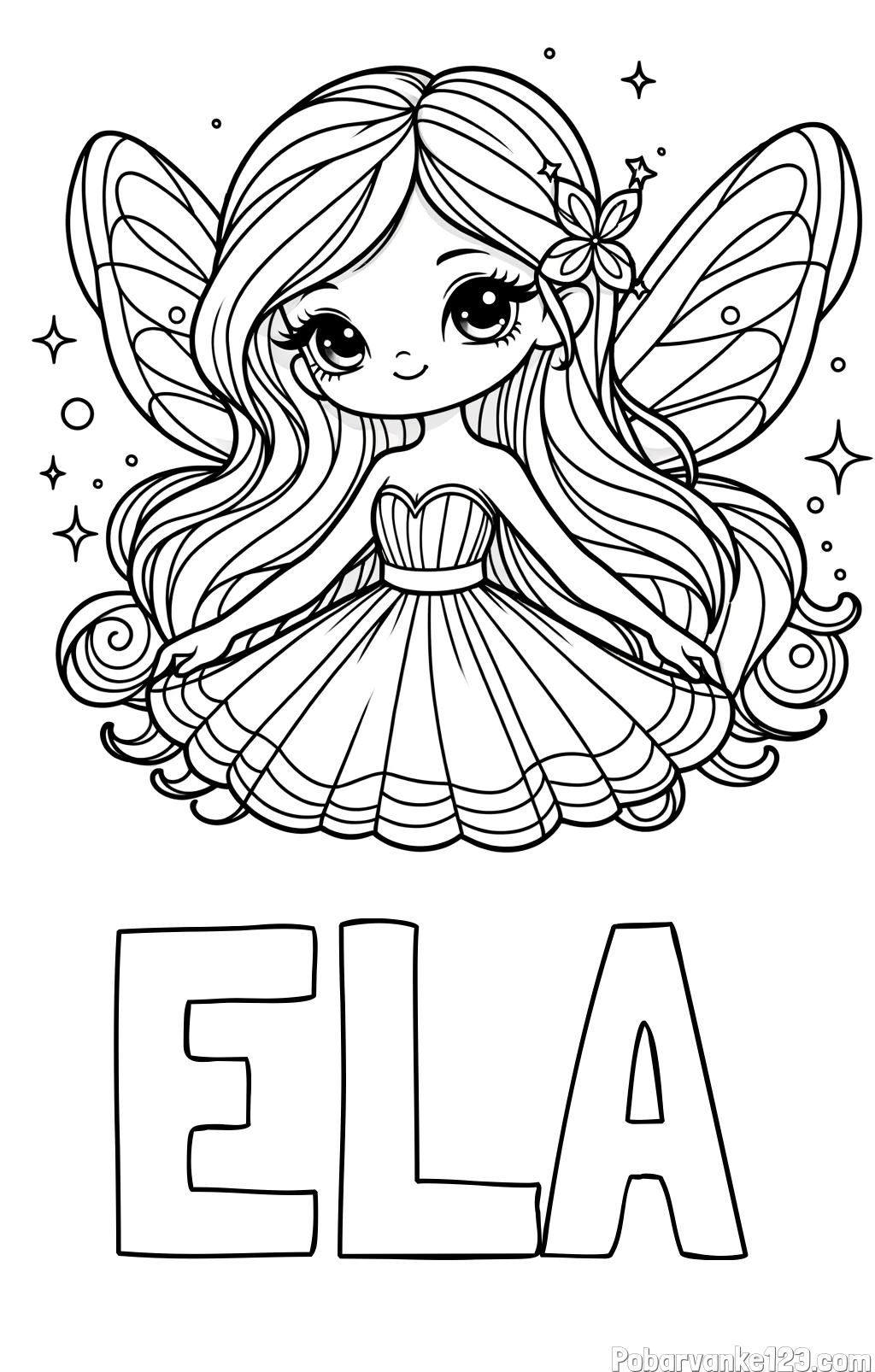 Pobarvanka imena ELA in pobarvanka ljubke in nasmejane čarobne vile