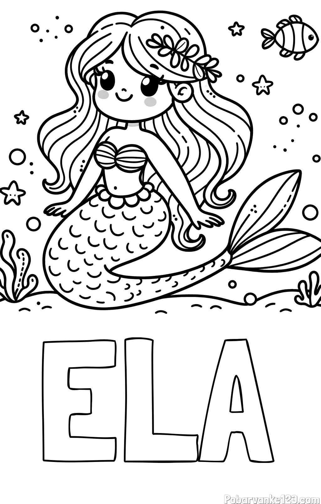 Pobarvanka imena ELA in pobarvanka ljubke morske deklice v morju