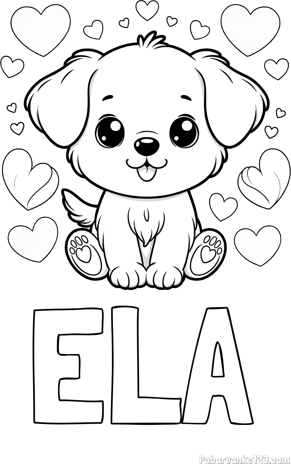 Pobarvanka imena ELA in pobarvanka ljubkega kužka obdanega s srčki