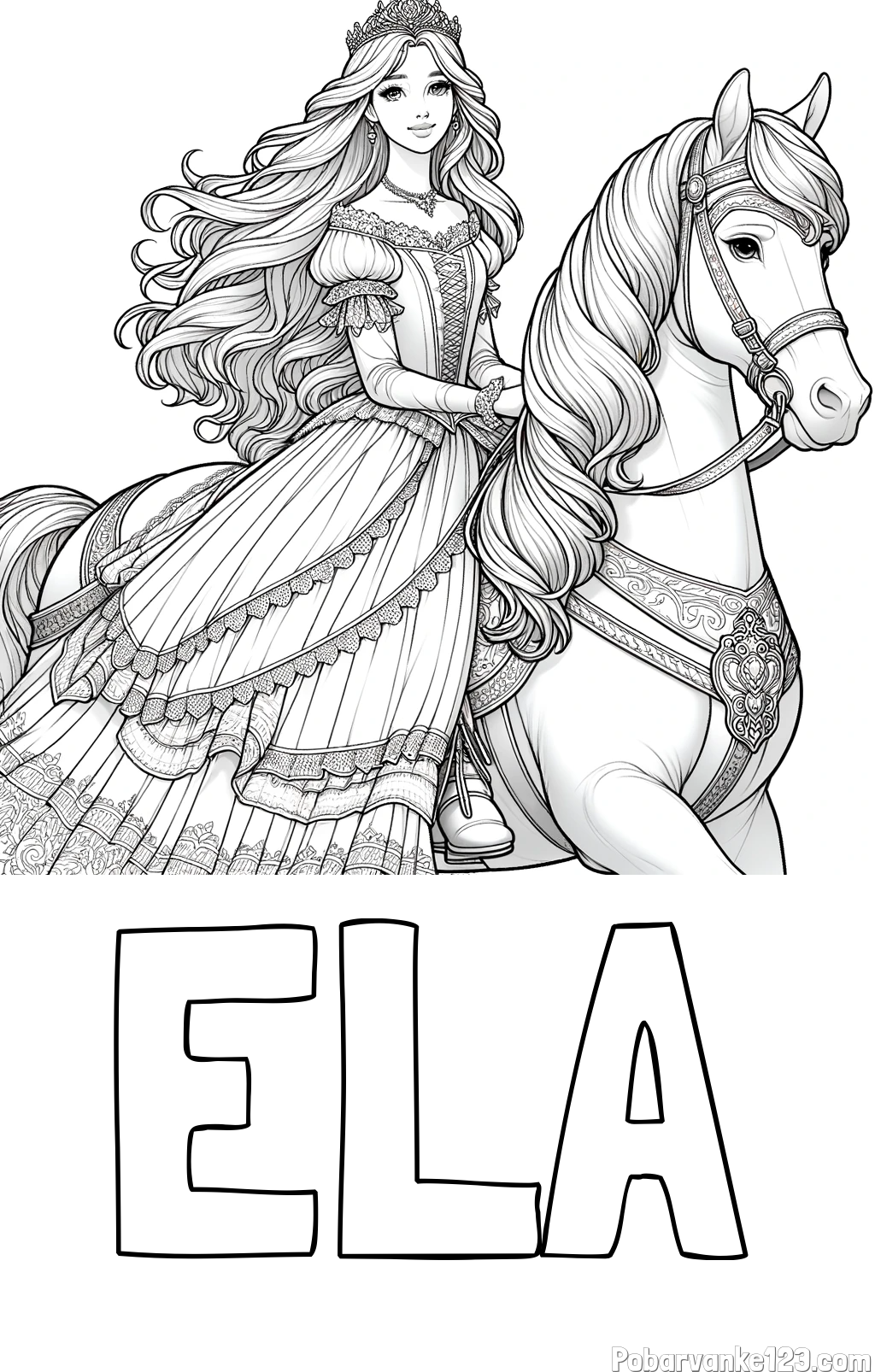 Pobarvanka imena ELA in pobarvanka nasmejana princese na konju