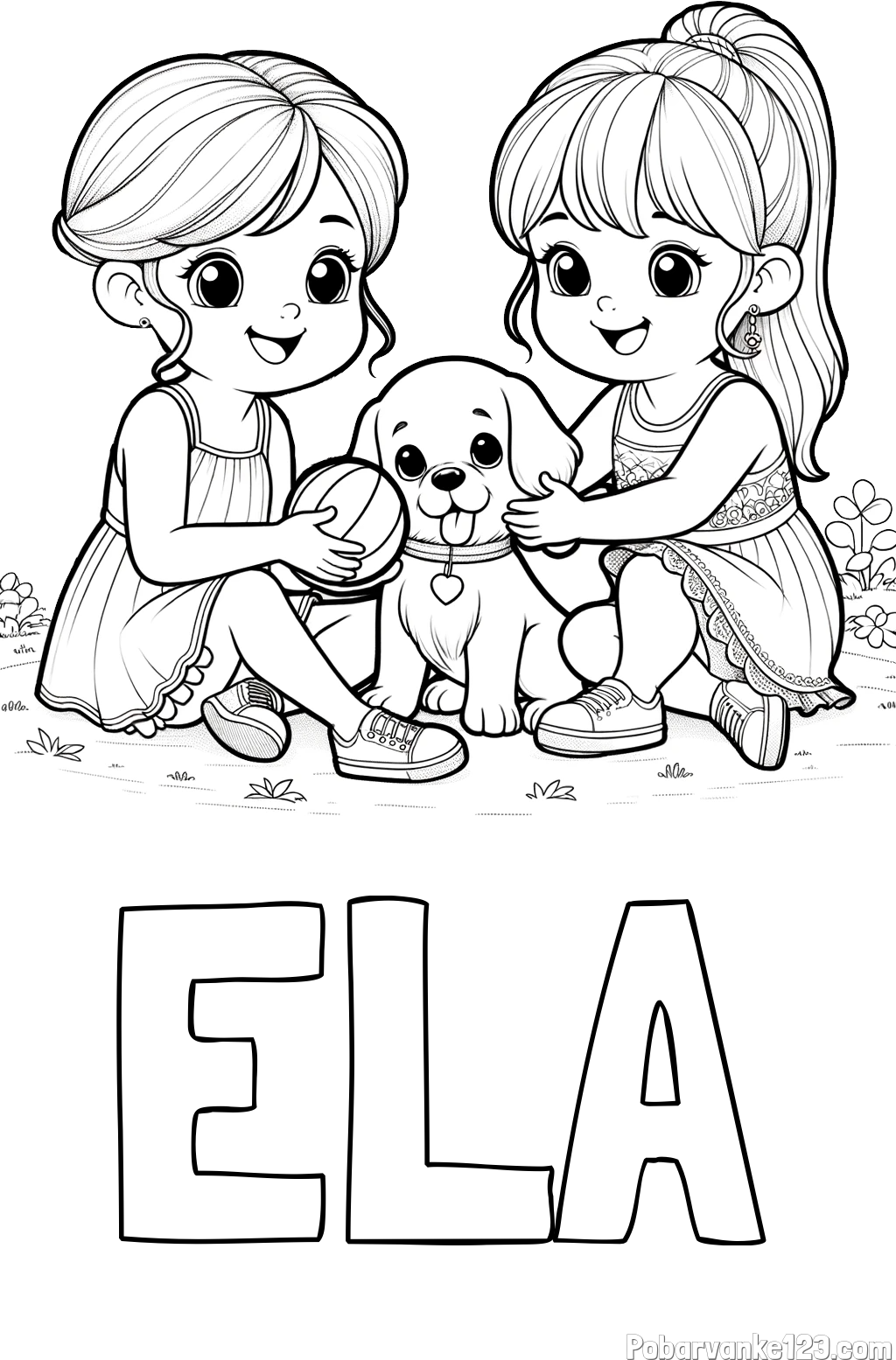 Pobarvanka imena ELA in pobarvanka prijateljic s kužkom