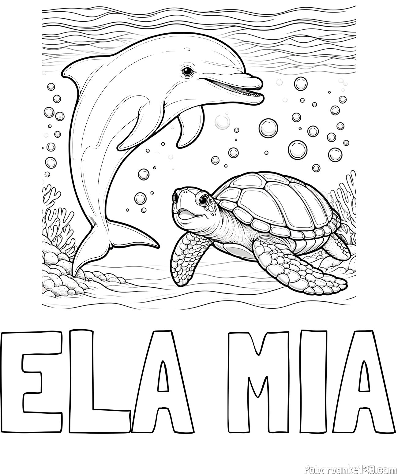 Pobarvanka imena ELA MIA in pobarvanka ljubkega delfina in njegove prijateljice želve