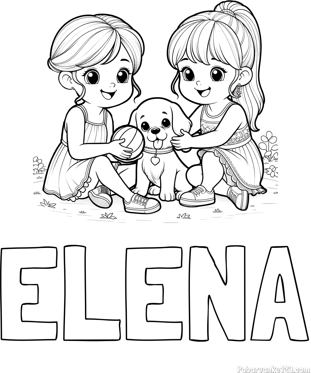 Pobarvanka imena ELENA in pobarvanka prijateljic s kužkom