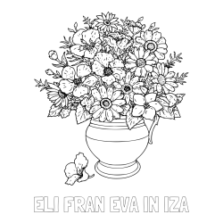 Online izdelana pobarvanka - Pobarvanka imena ELI FRAN EVA IN IZA in pobarvanka cvetja v vazi