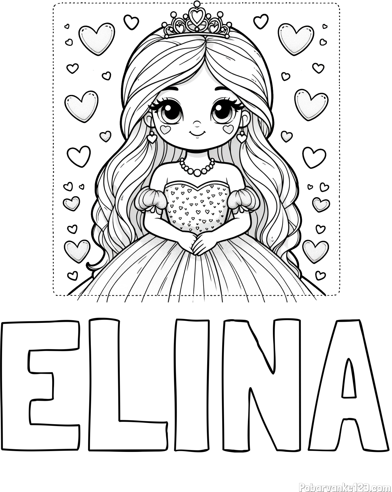 Pobarvanka imena ELINA in pobarvanka ljubke princese obdane s srčki