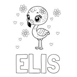 Online izdelana pobarvanka - Pobarvanka imena ELIS in pobarvanka mladička flaminga z rožicami in srčki