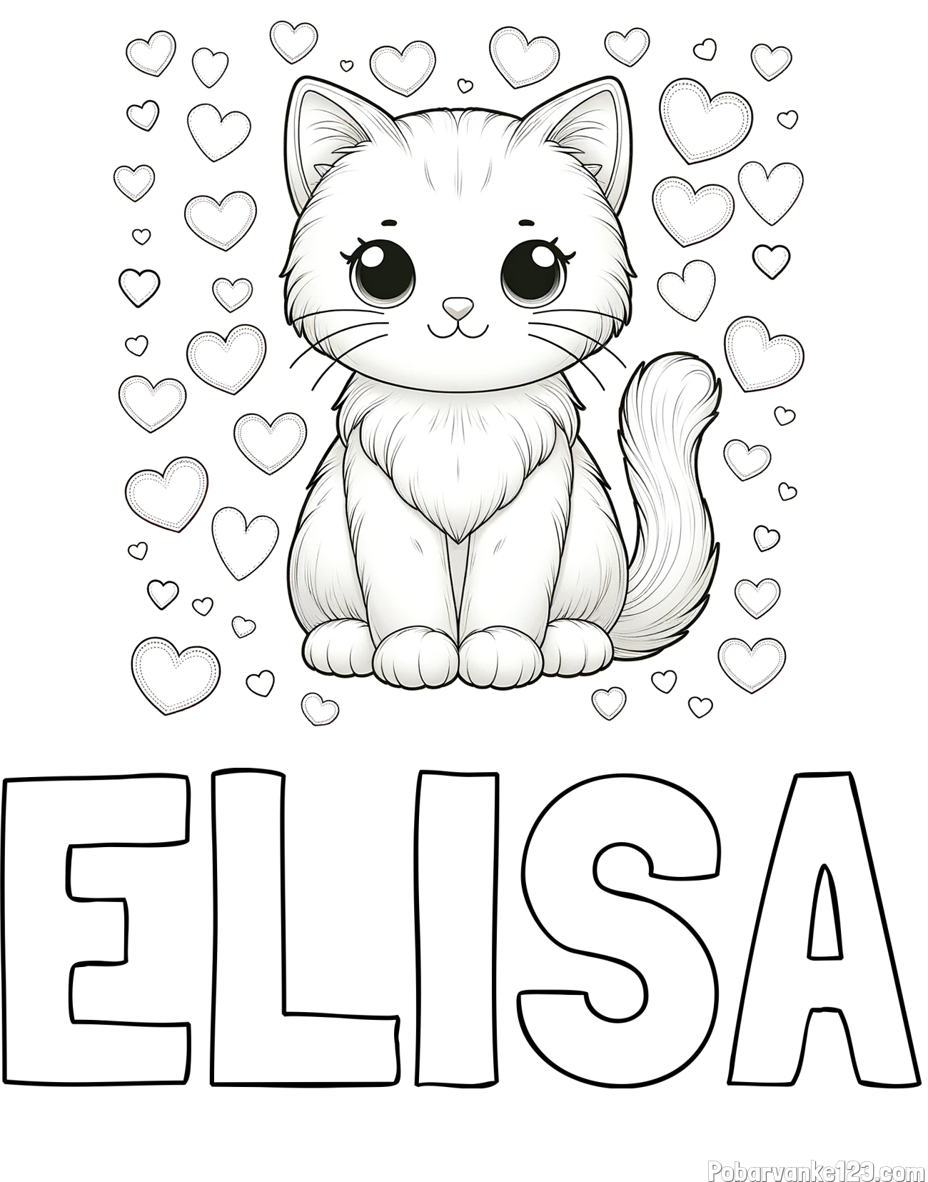 Pobarvanka imena ELISA in pobarvanka ljubke mucke obdane s srčki