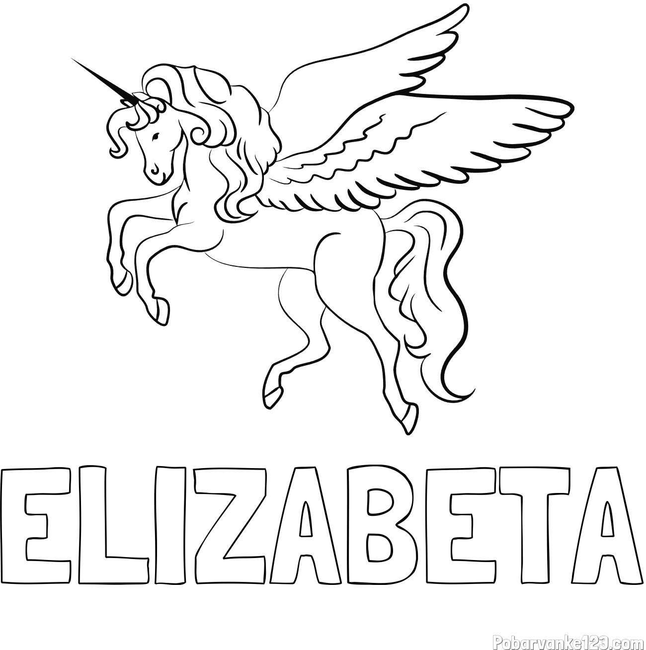 Pobarvanka imena ELIZABETA in lepa pobarvanka samoroga