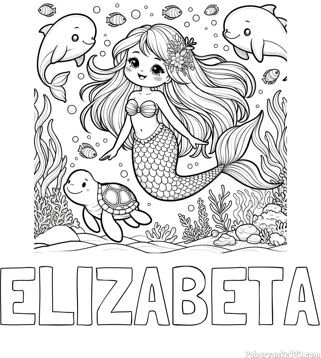 Pobarvanka imena ELIZABETA in pobarvana ljubke morske deklice s prijatelji