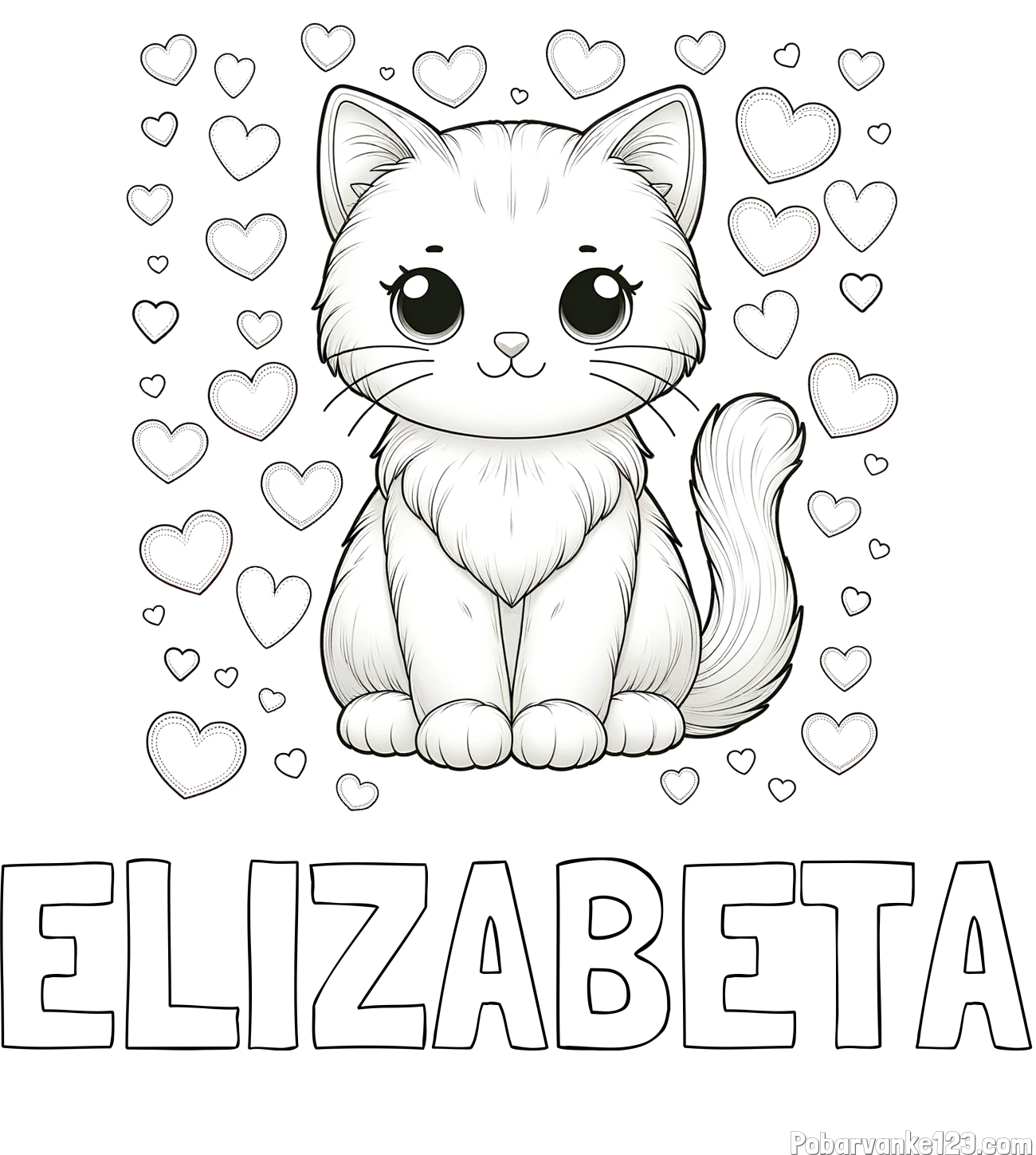 Pobarvanka imena ELIZABETA in pobarvanka ljubke mucke obdane s srčki
