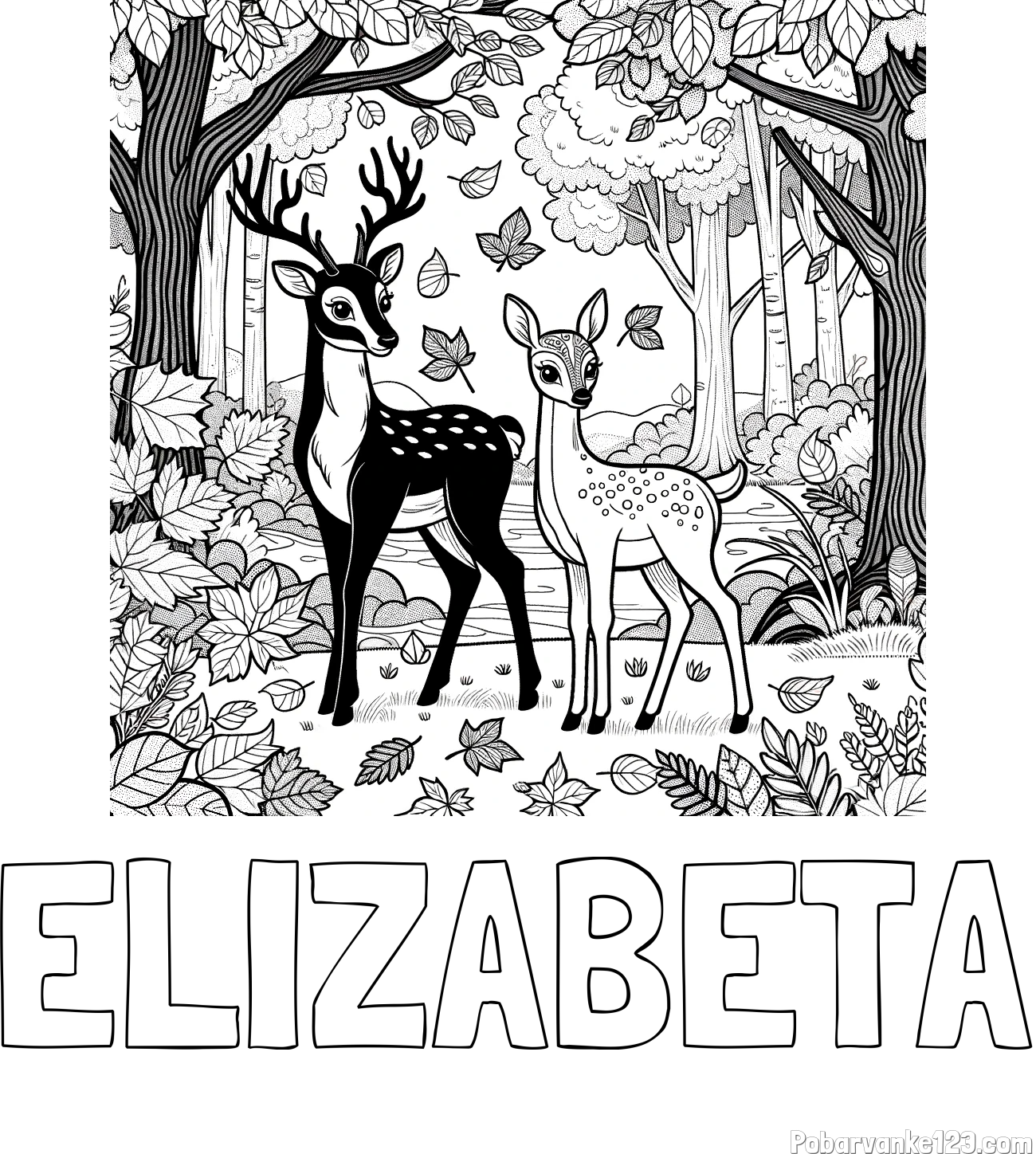 Pobarvanka imena ELIZABETA in pobarvanka srnice in jelenčka